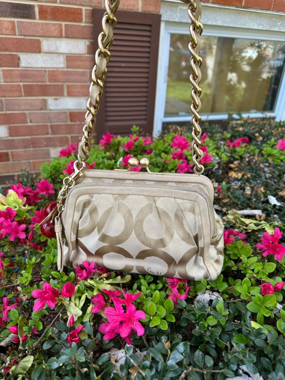 Coach Beige/Gold Signature Canvas Chain Strap
